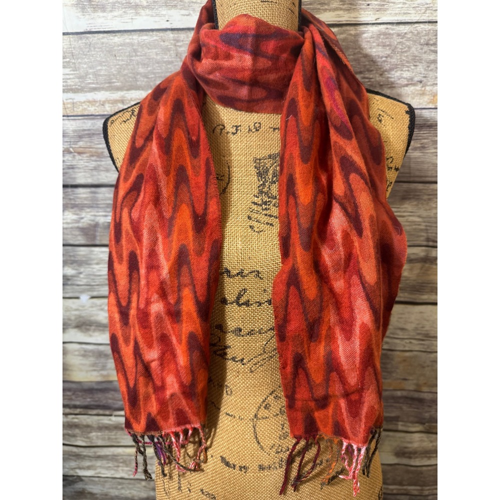 Preston & York Orange Red Chevron Wave Fringe Scarf Acrylic Autumn Cozy Fall